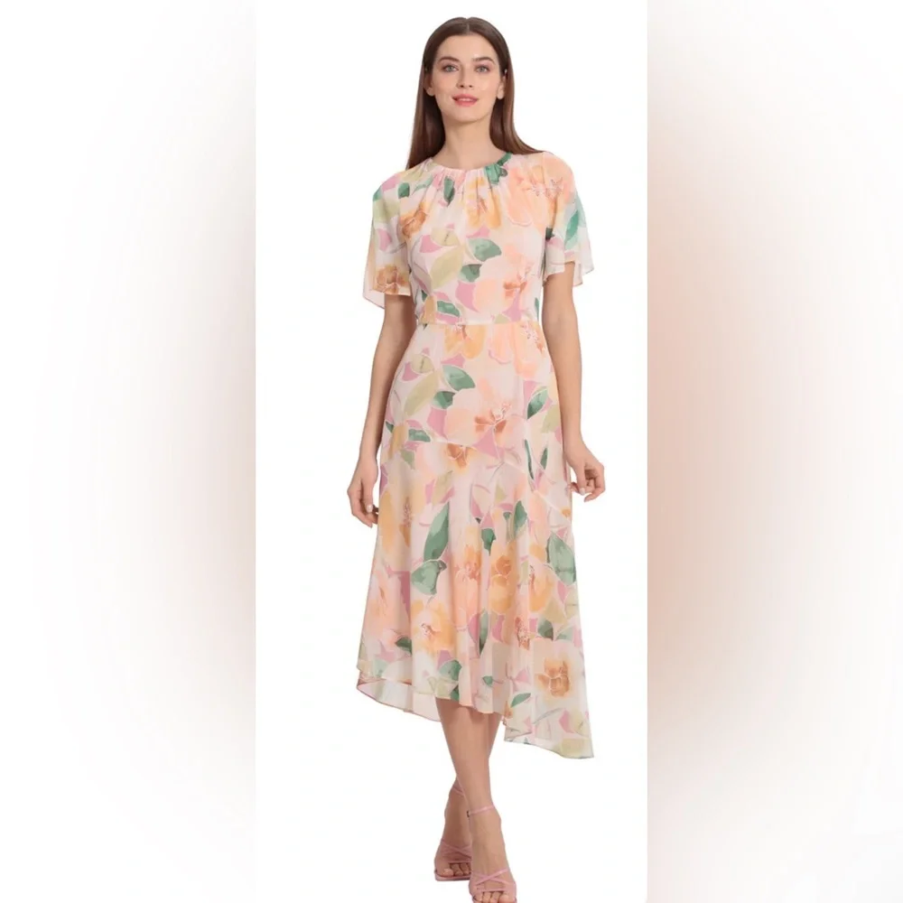 Maggy London Floral Asymmetric Hem Short Flutter Sleeve Midi Dress NWT Size 14W - Picture 2 of 9